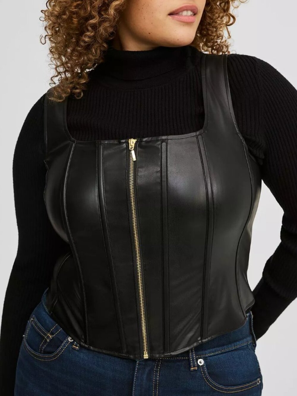 Plus Size 3 3X Torrid Shiny Black Faux Leather Zip Front Stretch Corset Top NWT